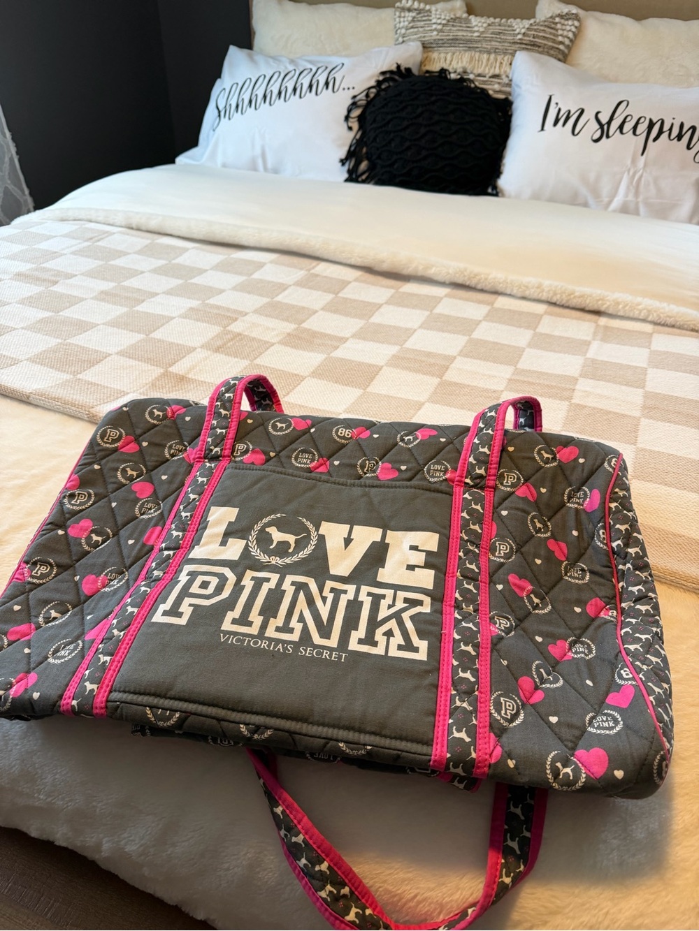 PINK Victoria's Secret Quilted Black Tote with Hot Pink Accents - Picture 2 of 3